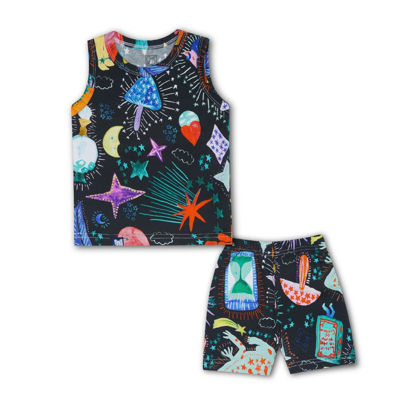 Star Night Printed Black Kids Clothing Set front