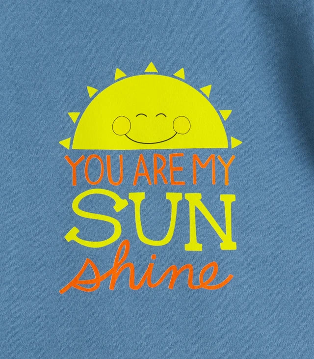 sun shine printed blue kids clothing set closeup