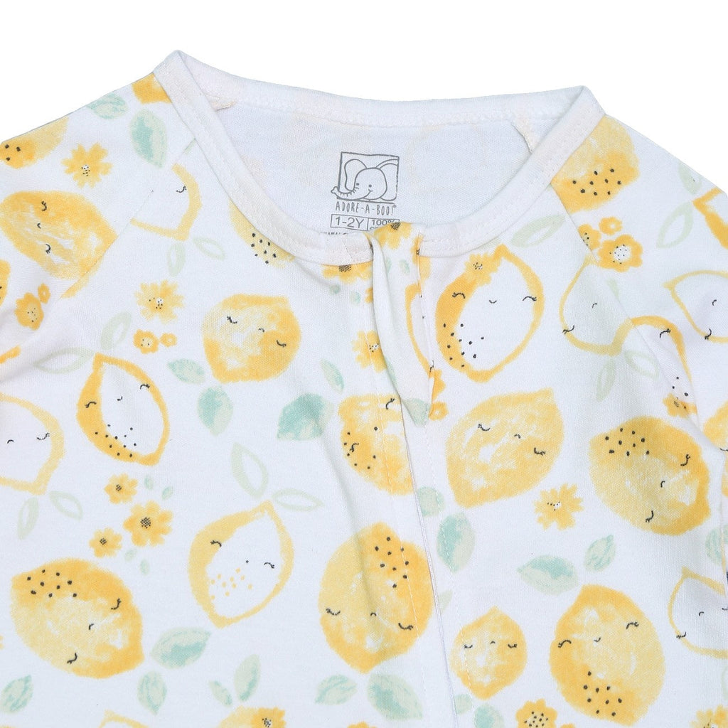 lemon printed baby night suit romper closeup